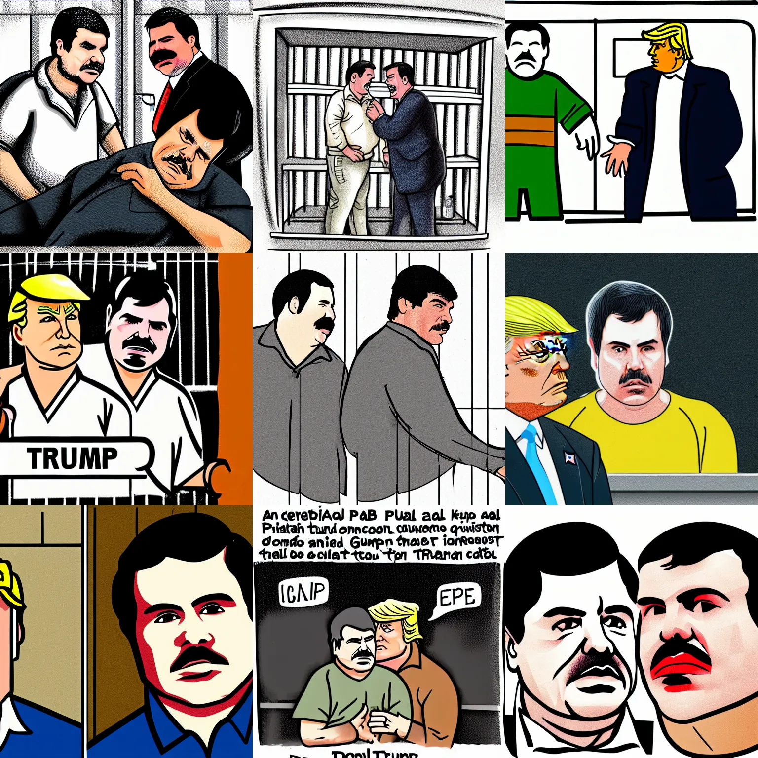 Prompt: illustration of donald trump and El Chapo sharing a prison cell in jail