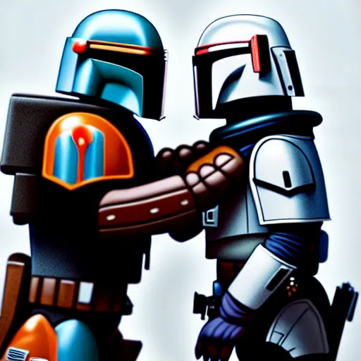 Image similar to mando from mandalorian kissing peter griffing from family guy ultra realistic, lens flare, atmosphere, glow, detailed, intricate, full of colour, cinematic lighting, trending on artstation, 4 k, hyperrealistic, focused, extreme details, unreal engine 5, cinematic, masterpiece, ultra realistic, hyper realistic, highly detailed, sharp focus, digital art