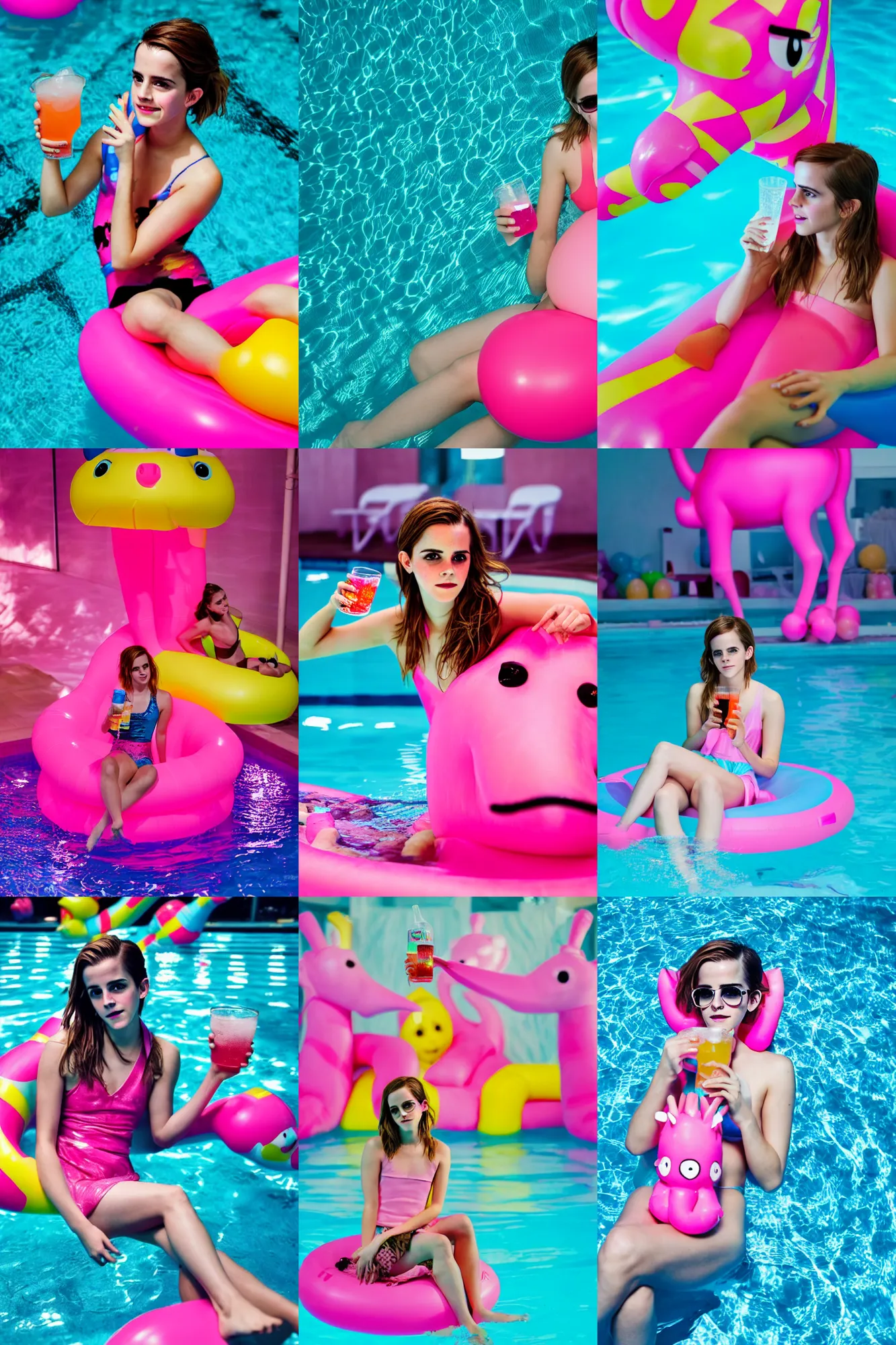 Prompt: a photo of a emma watson, holding a drink, sitting in a big cute pink giraffe float, having fun in a pool party in a modern indoors pool with cyberpunk illumination at night. visually stimulating photo. coherent. 8 k.