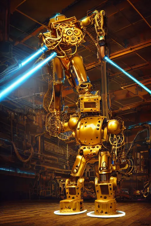 Image similar to portrait photo of a giant huge golden and blue metal humanoid steampunk robot cleaner robot, with gears and tubes, on the floor are mop and bucket, eyes are glowing red lightbulbs, shiny crisp finish, 3 d render, 8 k, insaneley detailed, fluorescent colors, background is multicolored lasershow