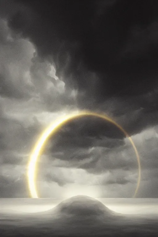 Prompt: a beautiful 3 d numerous gigantic golden halo orbiting glowing in cloud across the an ominous stormy ocean, in the thick fog, by stuart lippincott, volumetric lighting, dynamic lighting, dramatic lighting, high contrast, concept art, marble, religious, surrealism, catholicpunk, stark, trending on artstation