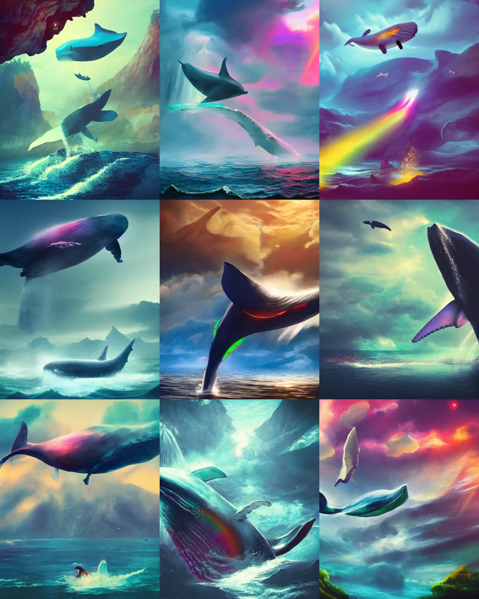 Prompt: flying whale, colorful mold, fantasy landscape, foggy, concept art, vibrant, waterfall, cinematic lighting, high quality