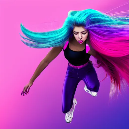 Image similar to a award winning full body shot of a beautiful woman in a croptop with a ombre purple pink teal hairstyle with head in motion and hair flying, outrun, vaporware, vivid colors, highly detailed, fine detail, intricate