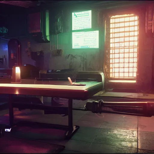 Prompt: ripper doc surgery table. underground. lowlight. diffuse ambience. darkness Cyberpunk 2077. CP2077. 3840 x 2160