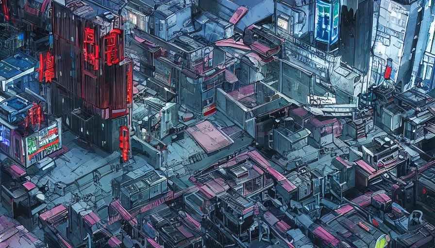 Prompt: Concept Art Illustration of neo-Tokyo Maximum Security Bank, in the Style of Akira, Syndicate Corporation, Anime, Dystopian, Highly Detailed, Helipad, Special Forces Security, Giant Crypto Vault, Docks, Shipping Containers of Money :2 Akira Movie style : 8