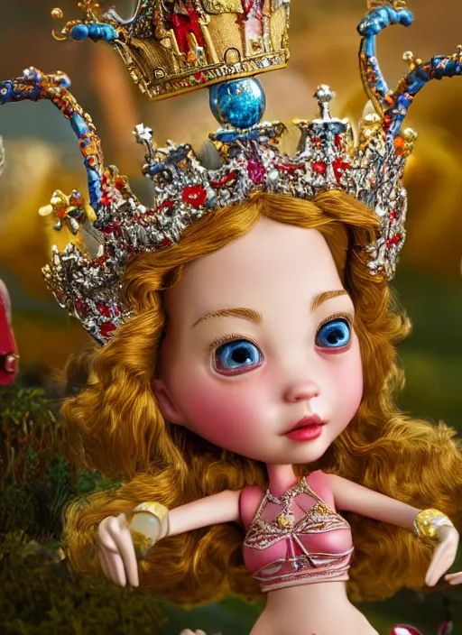 Prompt: highly detailed closeup, profile portrait of a tin toy fairytale princess wearing a crown, bikini, unreal engine, nicoletta ceccoli, mark ryden, earl norem, lostfish, global illumination, detailed and intricate environment