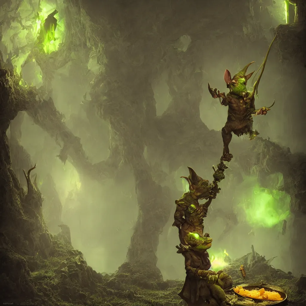 Image similar to Photorealistic fantasy goblin with cheese. Ominous green mist in the background. Magical occult photorealism, UHD, amazing depth, glowing, golden ratio, 3D octane cycle unreal engine 5, volumetric lighting, cinematic lighting, cgstation artstation concept art