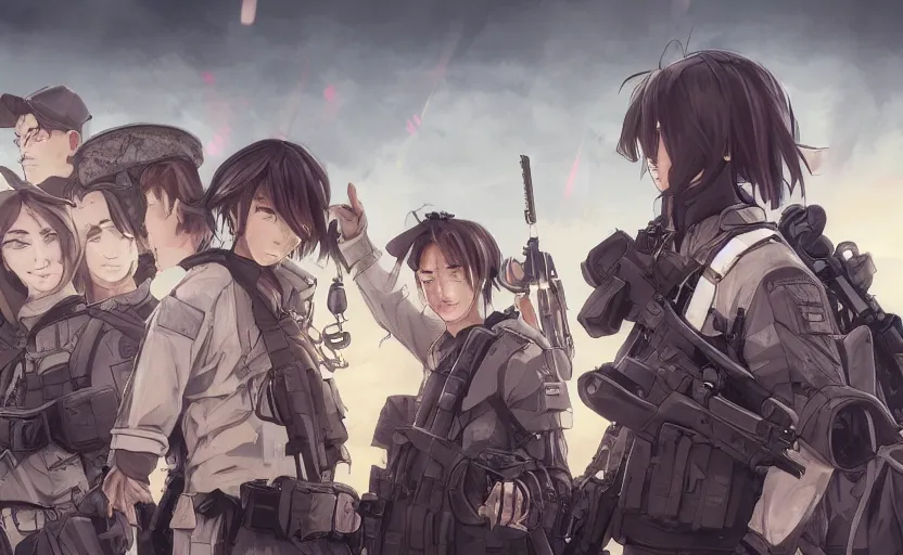 Image similar to anime style, modern warfare, panoramic view, searchlights in background, soldier clothing, hair down, real faces, symmetrical facial features, from arknights, hyper realistic, extreme detail, detailed drawing, trending pixiv, safebooru, d & d, realistic lighting, by alphonse mucha, greg rutkowski, sharp focus, backlit, mechanized transport