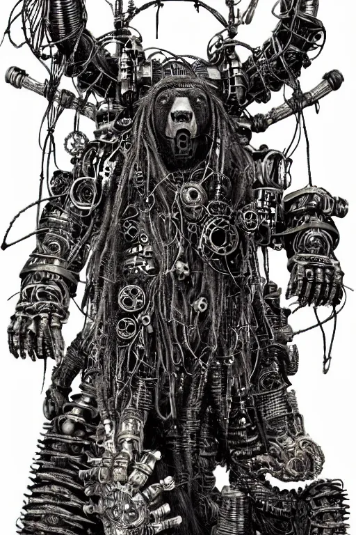 Prompt: wild monstorous anthropomorphic biomechanical bear shaman-warrior wearing and voodoo artifacts. Wearing dreadlocks made of cables and wires. Upgraded with hightech cyberwares. huge, big, giant bear human hybrid, mecha animal, tall, detailed woodcut armor, terrifying and dangerous, scary, beautiful, steampunk monster android hybrid art portrait, matte scifi fantasy painting, half robot half bear. DeviantArt Artstation, by Jason Felix by Steve Argyle by Tyler Jacobson by Peter Mohrbacher, cinematic lighting