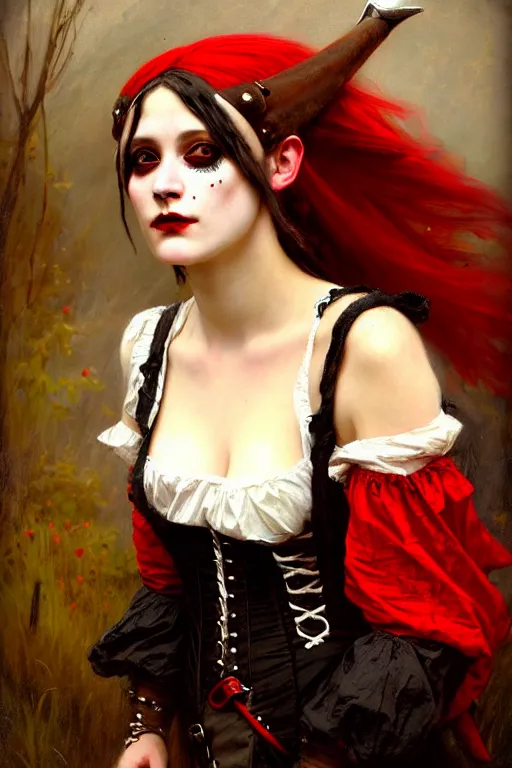 Prompt: solomon joseph solomon and richard schmid and jeremy lipking victorian genre painting portrait painting of a happy young beautiful woman punk rock goth girl german french actress model pirate wench in fantasy costume, red background