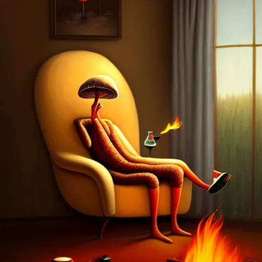 Image similar to painting of a mushroom alien sitting in a recliner by the fire smoking a pipe and wearing a soft robe and slippers, elegant intricate digital painting, trending on artstation, by normal rockwell