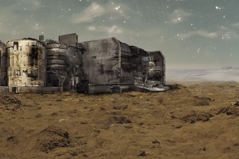 Image similar to matte painting of an outside view of abandoned space station in the deep space