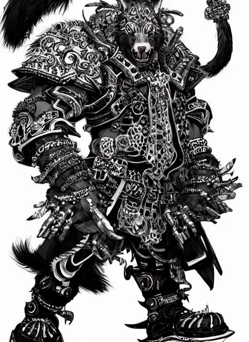 Prompt: Full body portrait of a tall gnoll berserker in ornate outfit with white fur, emanating menacing aura, vibrant colours, chosen by the god, ornate. In style of Yoji Shinkawa and Hyung-tae Kim, trending on ArtStation, dark fantasy, great composition, concept art, highly detailed, dynamic pose.