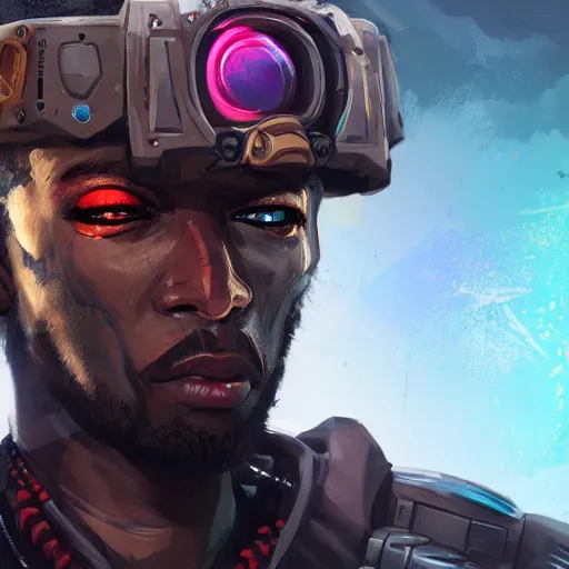 Prompt: a menacing somali space pirate with ruby eyes, Apex Legends character digital illustration portrait design, by android jones, detailed, cinematic lighting, wide angle action dynamic portrait