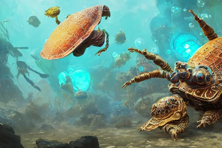 Image similar to beautiful painting of a caretta caretta wearing an armour of jewels and giant golden beetles in ocean coral reef, water bubbles, intricate details, realistic shaded , steampunk, highly detailed, artstation, illustration by Greg Rutkowski and Ruan Jia , octane render, dynamic light, volumetric light, neon lights, cinematic mood