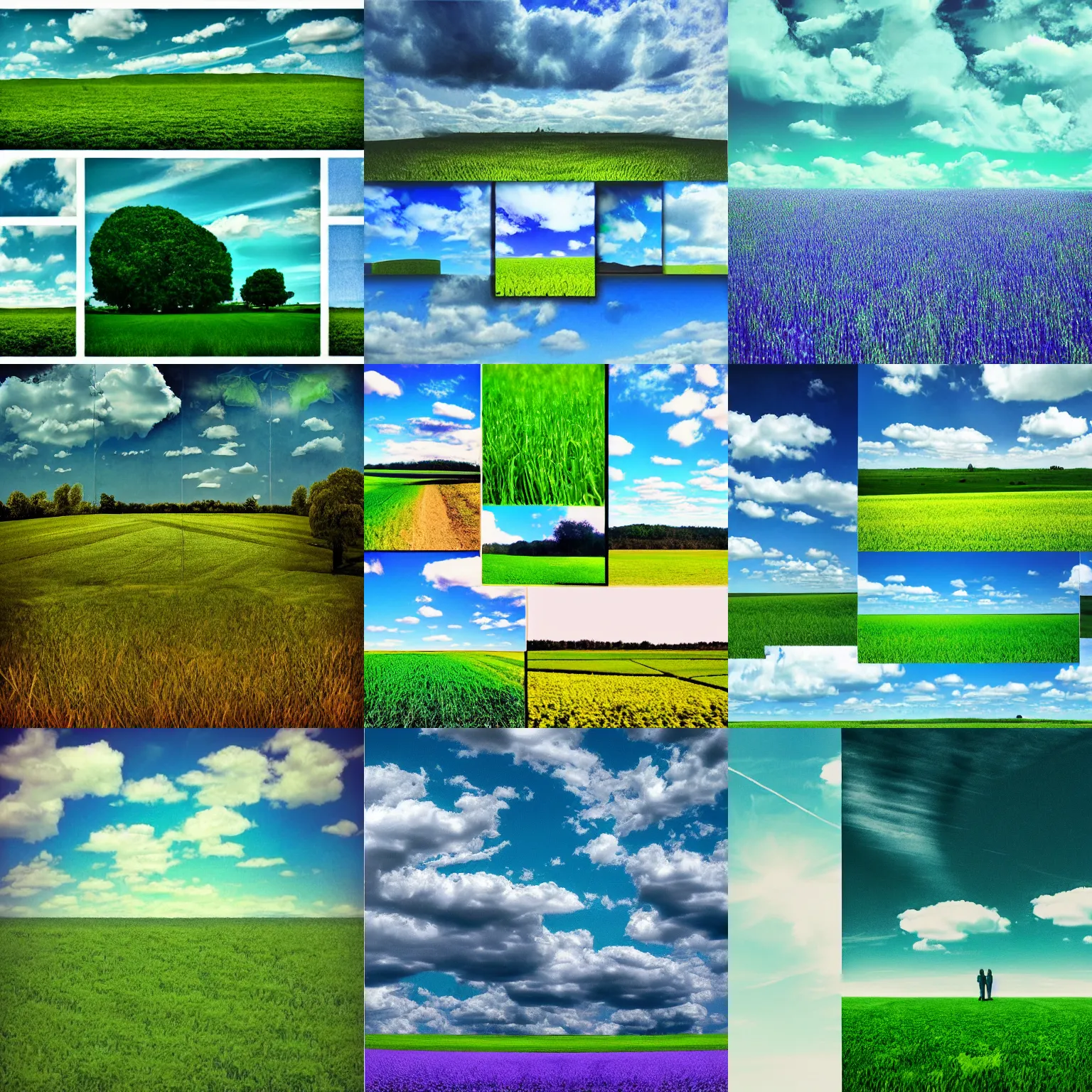 Image similar to a blu field, a green sky, surreal collage