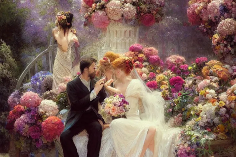 Image similar to the groom look at the bride at a wedding full of flowers, bright and happy, dreamlike art, highly detail, 4 k realistic, wedding photoy krenz cushart, artem demura, yoji shinkawa artgerm, jon lothian, danilo torres. adi meyers. thomas reimann. gaston bussiere.