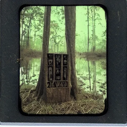 Image similar to occult sacrifice site in the Louisana swamp, detailed, dark, scary, real Polaroid photo