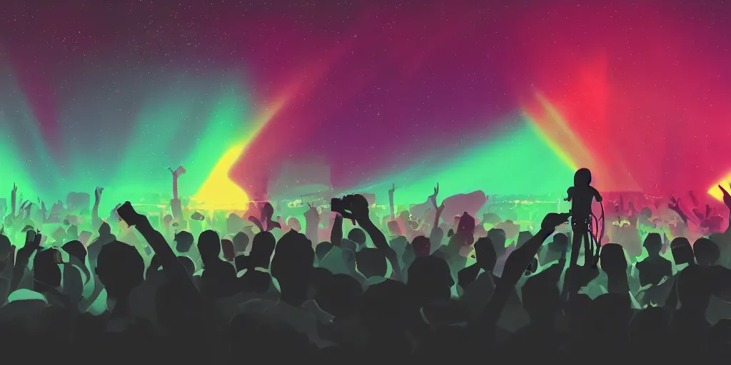 Image similar to rapping into microphone, silhouette, huge crowd, outrun, hip hop, digital art, Aurora borealis, trending on Artstation, professional artist, detailed, 4k