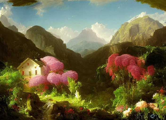 Prompt: painting of a frank ghery house in a valley of flowers by thomas cole