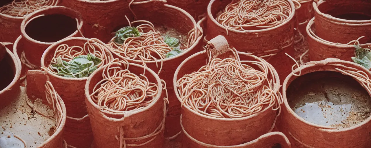 Image similar to spaghetti inside ancient terra cotta pots, middle east, fine detail, canon 5 0 mm, in the style wes anderson, kodachrome, retro