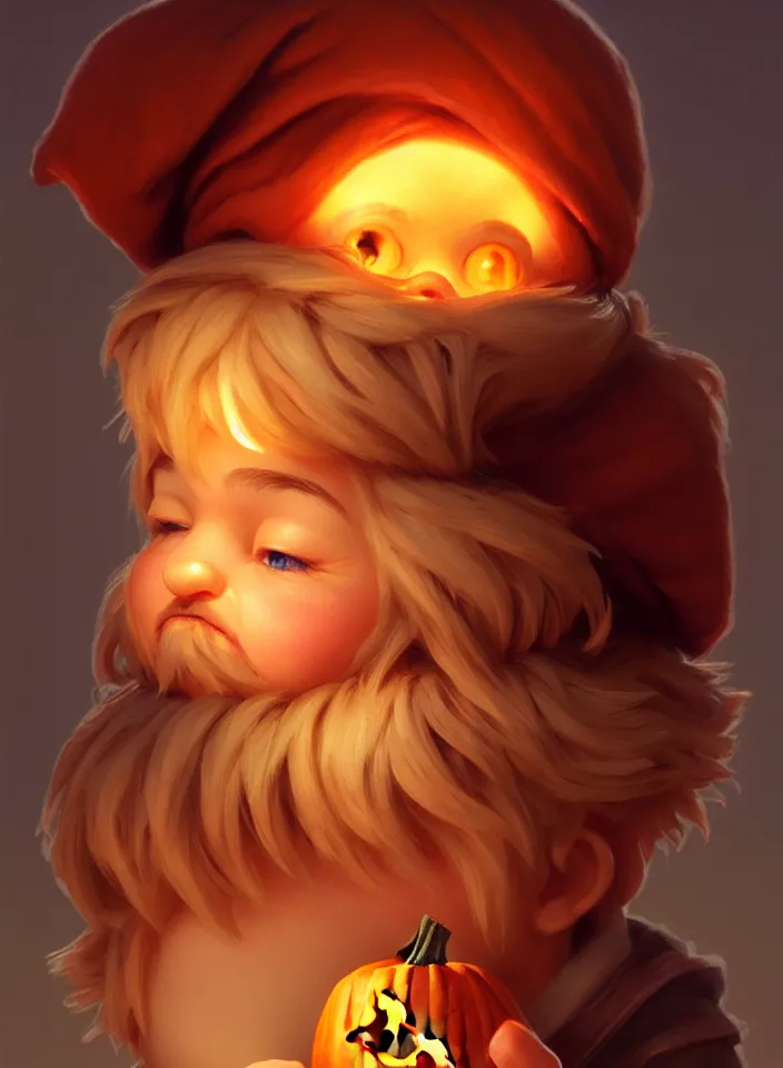 Image similar to hand drawn cute one gnomes face in autumn and pumpkin, detailed closeup face, concept art, low angle, high detail, warm lighting, volumetric, godrays, vivid, beautiful, trending on artstation, art by artgerm and greg rutkowski and alphonse mucha