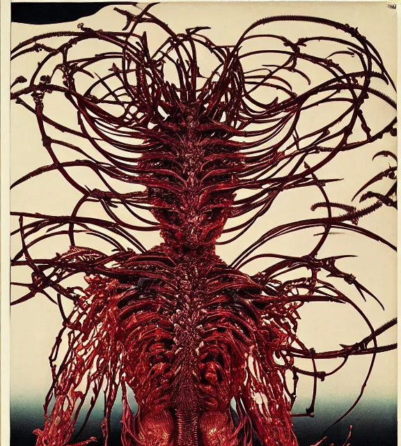 Image similar to still frame from Prometheus, harvest goddess cyborg in crimson filament mycelium, dressed by Neri Oxman and alexander mcqueen, metal couture haute couture editorial by giger by utagawa kuniyoshi