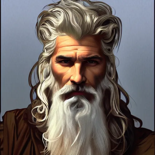 Image similar to painted portrait of rugged zeus, greek god, 4 0 years old, handsome, white hair, soft hair, upper body, muscular, hairy torso, fantasy, intricate, elegant, highly detailed, digital painting, artstation, concept art, smooth, sharp focus, illustration, art by alphonse mucha