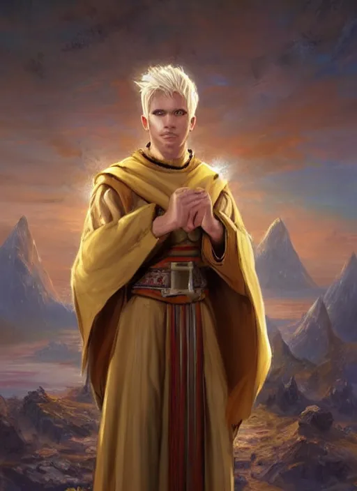 Image similar to male priest blonde parted hair healer, dndbeyond, bright, colourful, realistic, dnd character portrait, full body, pathfinder, pinterest, art by ralph horsley, dnd, rpg, lotr game design fanart by concept art, behance hd, artstation, deviantart, global illumination radiating a glowing aura global illumination ray tracing hdr render in unreal engine 5