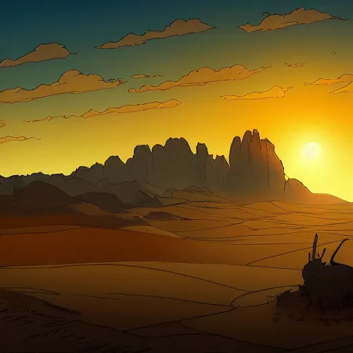 Image similar to sunset in the desert, fantasy art, illustration, animated film, by studio ghibli