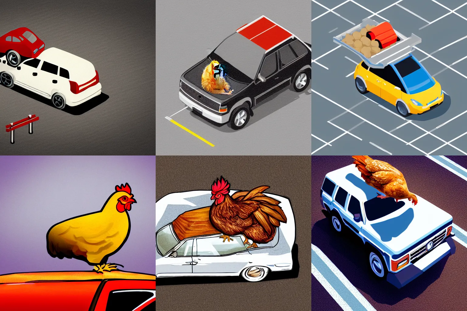 Image similar to chicken on top of a car, isometric view