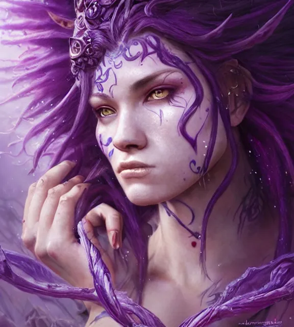 Prompt: beautiful female assassinates npc, perfect face, intricate tattoos, purple flowing hair, crazy eyes, spraying blood, cinematic, blush, stunning, athletic, moist, strong, agile, highly detailed, hard focus, sensual lighting, art by jessica rossier and brian froud