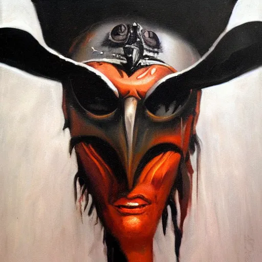 Prompt: detailed oil painting dark shaman wearing Raven mask by Phil hale