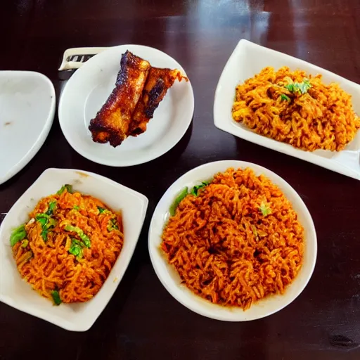 Image similar to jollof rice with fried haloumi cheese on the side, bbq ribs on the side, and lentils next to jollof