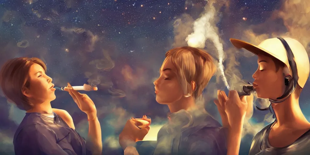 Image similar to digital art, trending on artstation, androids smoking hookahs while looking at the sky full of stars