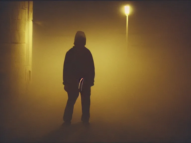 Image similar to kodak gold 2 0 0 film photograph of a vagrant at night volumetric fog