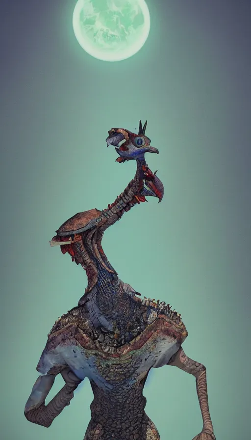 Prompt: a smartly dressed strange bird turtle giraffe chimera creature with scales feathers fins tusks on a lush fertile alien planet, in the style of shaun tan, sam shearon, dr seuss, leng jun, max ernst, surreal, close up, fantastic, wonderful, science fiction, dramatic studio lighting, atmospheric, national geographic, 3 d sculpture 8 k octane render