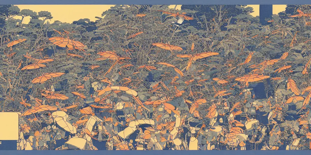 Image similar to gigantic dragonflies, tiny robots, a lot of exotic mecha robots around, human heads everywhere, risograph by kawase hasui, satoshi kon and moebius, 2 d gouache illustration, omnious, intricate, swimming pools and ice, fullshot