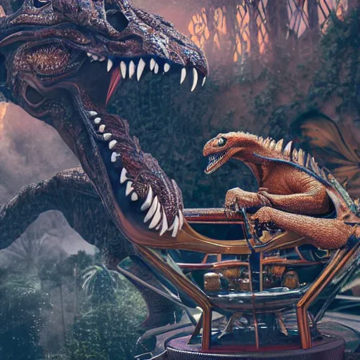 Image similar to raptors riding on tea cup ride, photorealistic, high resolution, vray, hdr, hyper detailed, insane details, intricate, elite, ornate, elegant, luxury, dramatic lighting, octane render, weta digital, micro details, 3 d sculpture