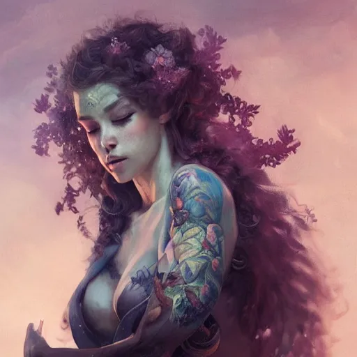 Prompt: portrait of beautiful woman with short curly brown hair, tattoo of unicorn and mermaid, intricate, flowers, mythical, oil painting, Tooth Wu, Greg Rutkowski, RPG, dynamic lighting, fantasy art, High contrast, depth of field