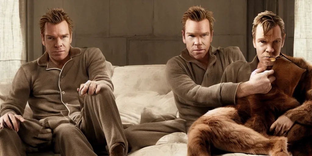 Image similar to ewan mcgregor is dressed to a pajamas. he is sitting on a sofa. on his lap is a brown cat. elegant. nice. epic scene. charismatic. light from window