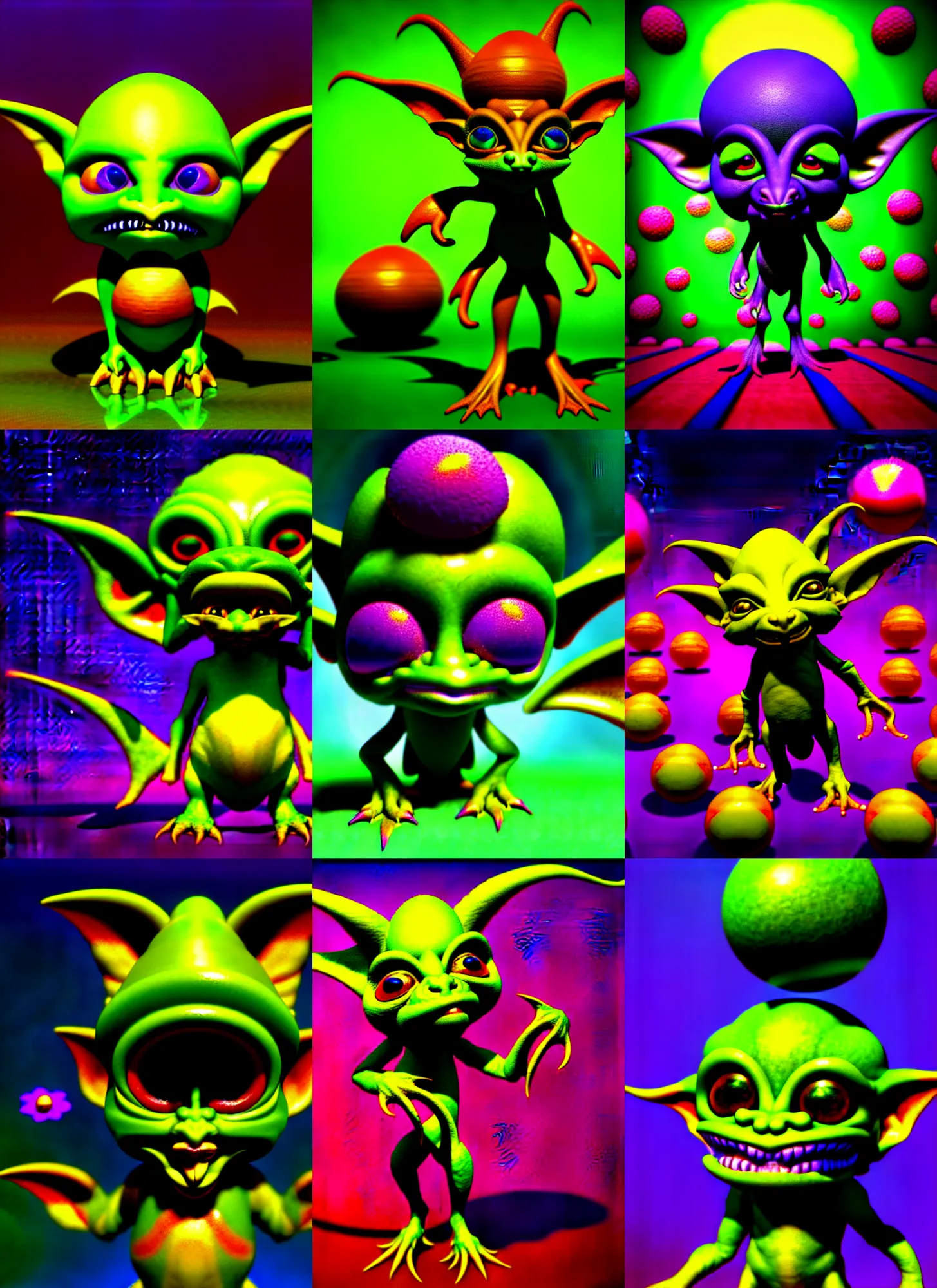 Prompt: retro 3 d rendered raytraced chibi goblin on a background is a a psychedelic swirly orbs with 3 d rendered butterflies and 3 d rendered flowers n the style of early cg graphics, micha klein, 3 do magazine, 3 d artstation, medium wide front shot