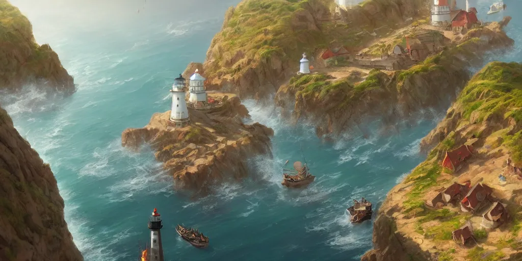 Prompt: Very small fantasy village on a cape with a lighthouse, fishing boats, view from above. In style of Greg Rutkowski, Jesper Ejsing, Makoto Shinkai, trending on ArtStation, fantasy, great composition, concept art, highly detailed, scenery, 8K, Behance.