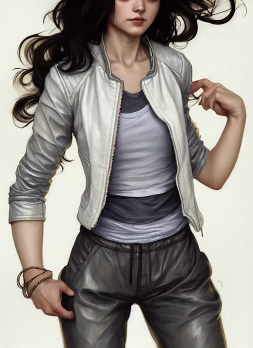 Image similar to girl in very short white! top and very short gray! leather jacket, open belly, long dark curly hair, high waist sweatpants, intricate, elegant, highly detailed, digital painting, artstation, concept art, smooth, illustration, art by artgerm and greg rutkowski and alphonse mucha