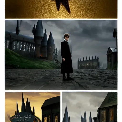 Image similar to Harry potter standing and holding a short wand, yellow light spell, side view, daniel radcliffe, thunderclouds, cinematic shot, wide shot, epic scale, photorealistic detail and quality, intricate cobblestone, magical special effects, movie still, nighttime, crescent moon, sharp and clear, action shot, intense scene, visually coherent, symmetry, rule of thirds, movement, photorealistic colors, cool colors transitioning to warm colors, modest tone, award winning, directed by Steven Spielberg, Christopher Nolan, Tooth Wu, Asher Duran, artstation