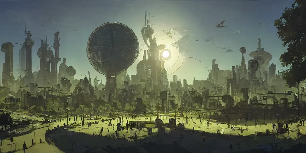 Prompt: a solarpunk city and park with a glorious round sci-fi building at its centre, bright and sunny day, Mike Mignola and Greg Rutkowski