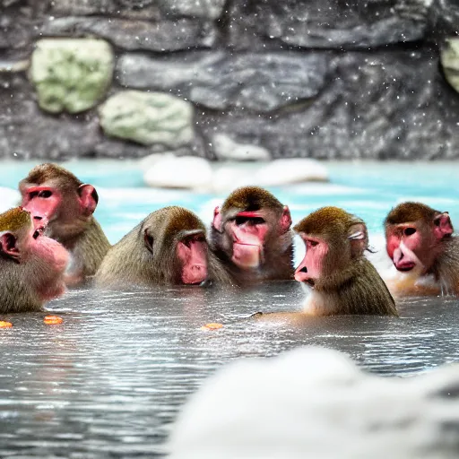 Image similar to a group of Japanese macaques in a snowy hot spring, oranges floating in the water, early morning