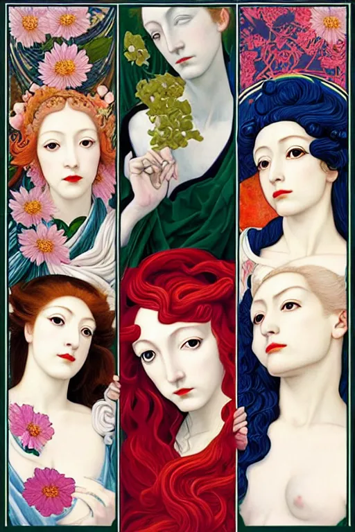 Image similar to 3 Spring Deities, (one representing each month of March, April, and May), in a style blending Æon Flux, Peter Chung, Shepard Fairey, Botticelli, Ivan Bolivian, and John Singer Sargent, inspired by pre-raphaelite paintings, shoujo manga, and unique street fashion, dramatically blossoming flora and fauna, petals falling everywhere, pastel vivid triad colors, hyper detailed, super fine inking lines, ethereal and otherworldly, 4K extremely photorealistic, Arnold render