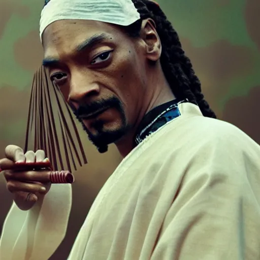 Image similar to cinematic film still of Snoop Dogg starring as a Samurai holding fire, Japanese CGI, VFX, 2022, 50mm lens, shallow depth of field, film photography