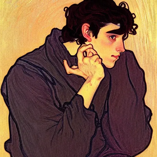 Prompt: painting of young cute handsome beautiful dark medium wavy hair man in his 2 0 s named shadow taehyung at the halloween pumpkin party, somber, depressed, melancholy, sad, elegant, clear, painting, stylized, delicate, soft facial features, delicate facial features, soft art, art by alphonse mucha, vincent van gogh, egon schiele
